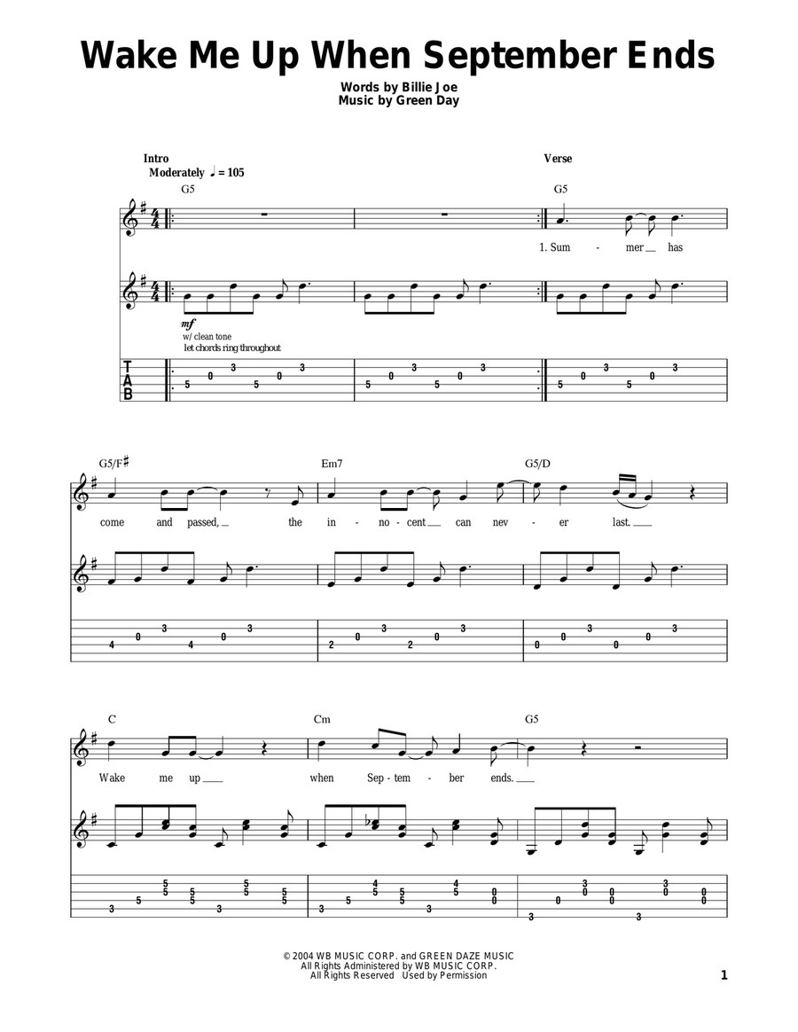 Wake Me Up When September Ends Acoustic Guitar scores gallery preview page 1