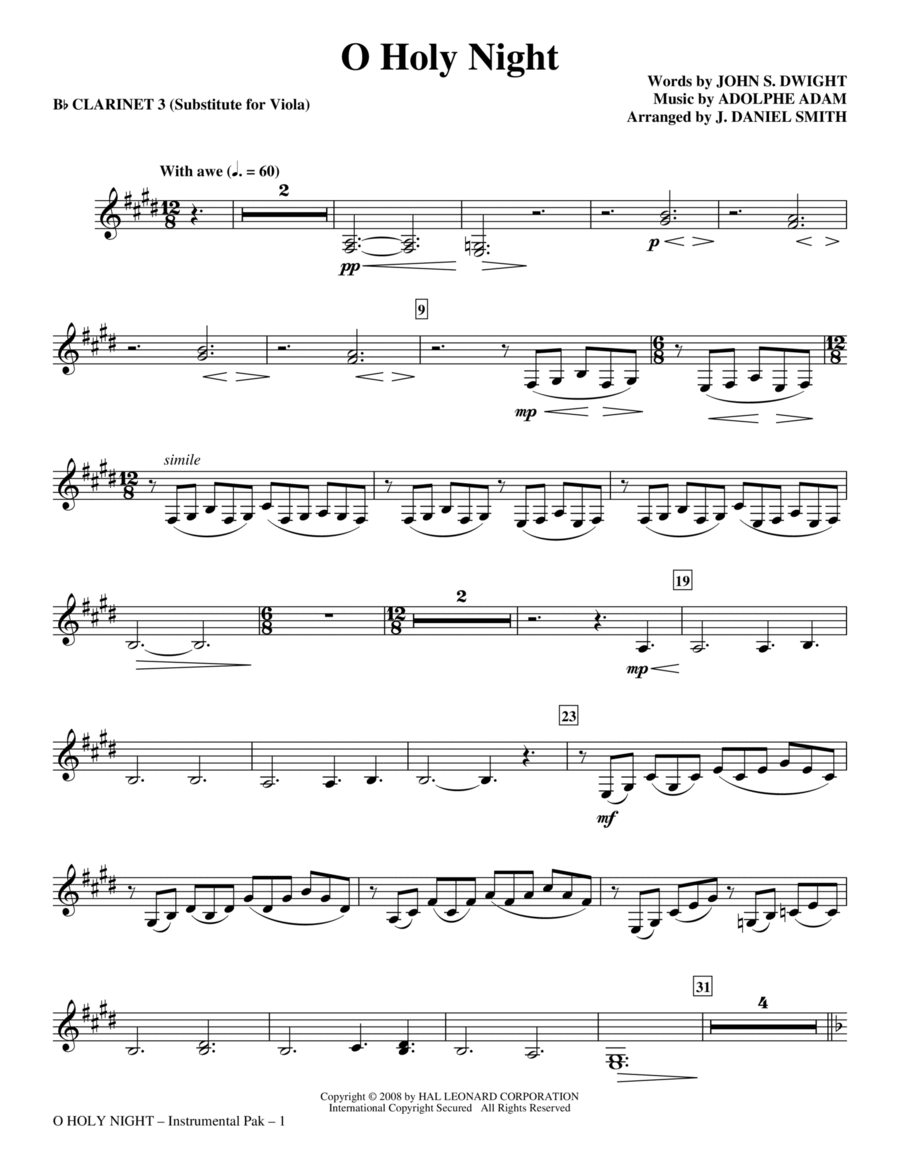 O Holy Night - Clarinet 3 (Sub. Viola) Choir scores gallery preview page 1