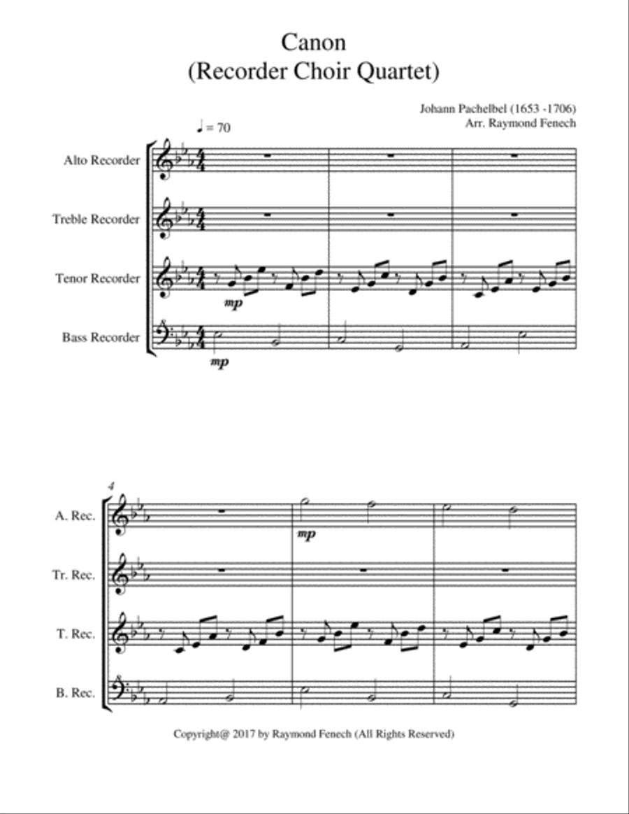 Canon - Johann Pachebel - Recorder Choir Quartet (Alto Recorder; Treble Recorder; Tenor Recorder and Alto Recorder scores gallery preview page 6