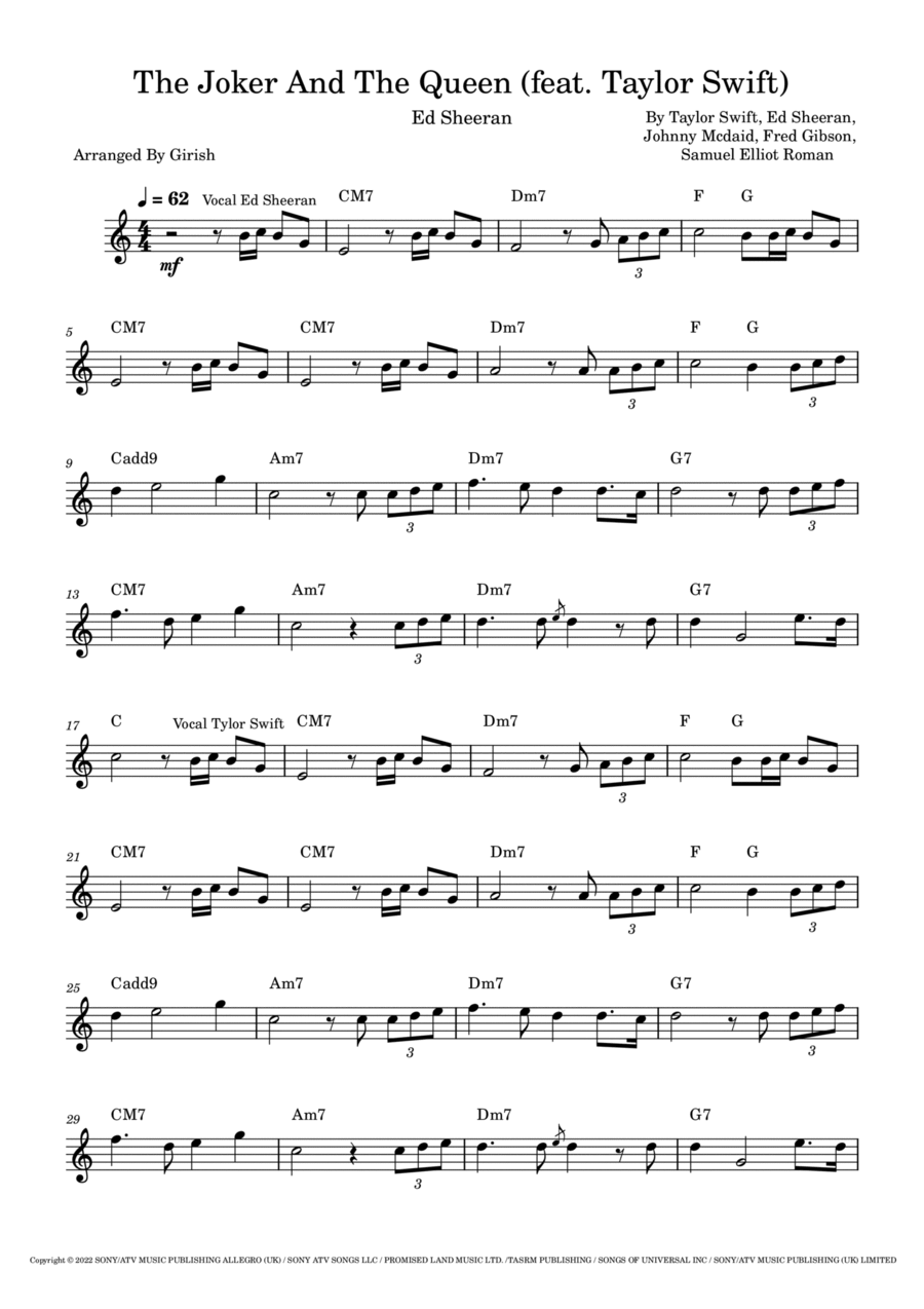 The Joker And The Queen (feat. Taylor Swift) Easy Piano scores gallery preview page 1