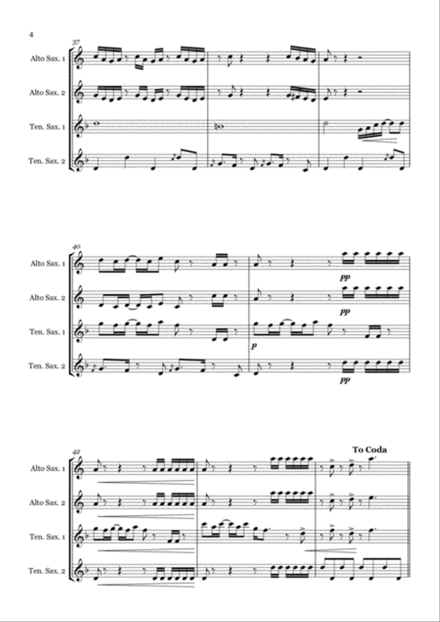 Uptown Funk Saxophone Quartet scores gallery preview page 4
