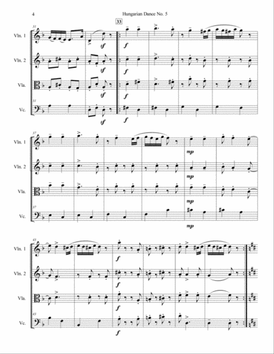 Hungarian Dance No. 5 for String Quartet String Quartet scores gallery preview page 4