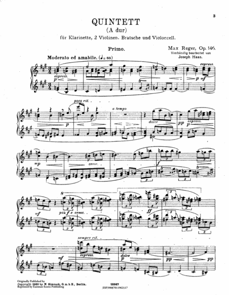 Quintet (A dur) fur Klarinette (oder Bratsche), zwei Violinen, Bratsche und Violoncell. Op. 146