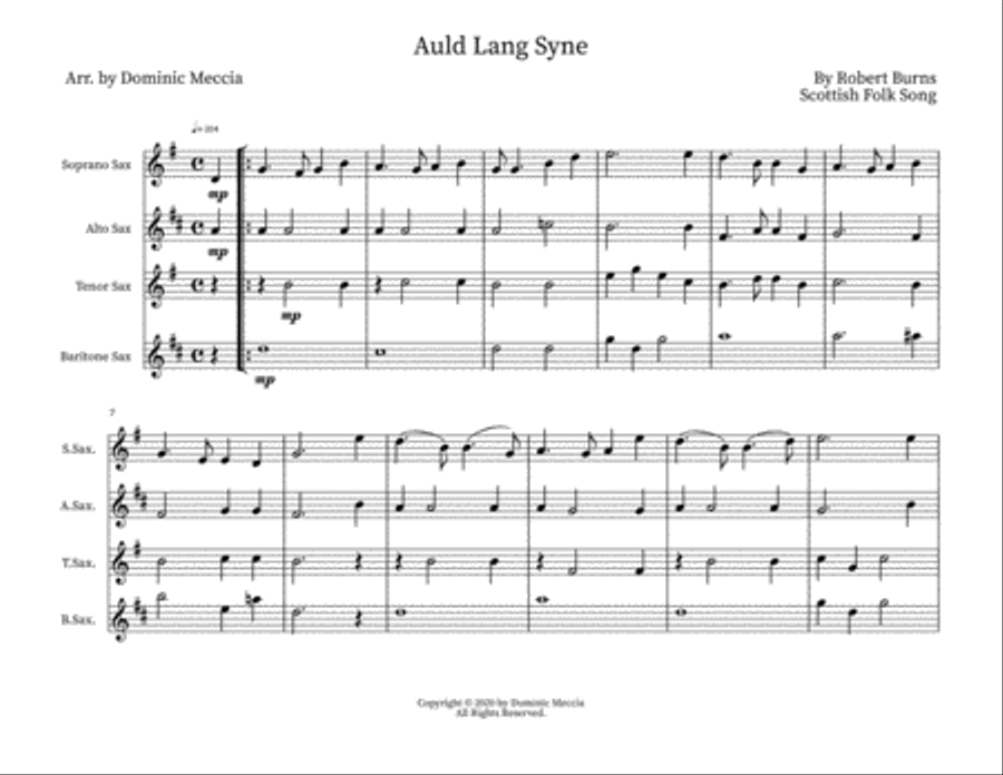 Auld Lang Syne Auld Lang Syne Saxophone Quartet scores gallery preview page 1