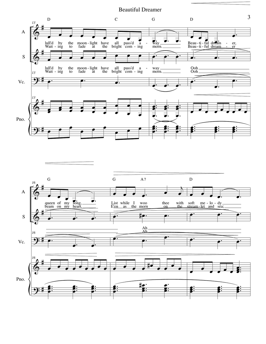 Beautiful Dreamer Key of G for Alto & Soprano Choir scores gallery preview page 3