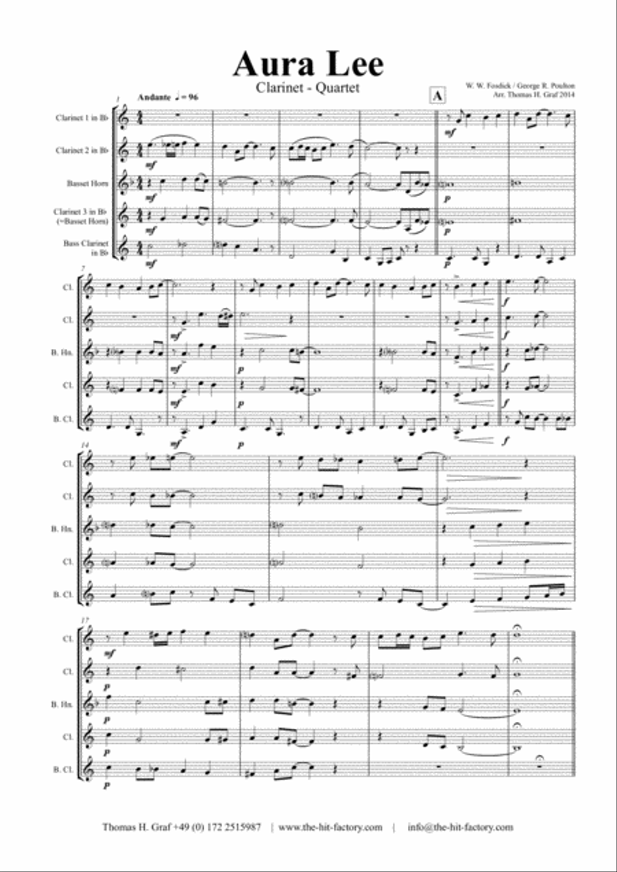 Aura Lee - Love me tender - Elvis - Clarinet Quartet Clarinet Quartet scores gallery preview page 1