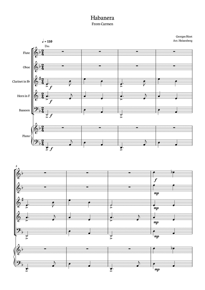 Habanera - Carmen - Georges Bizet, for Woodwind Quintet in a easy version with piano and chords. image number null