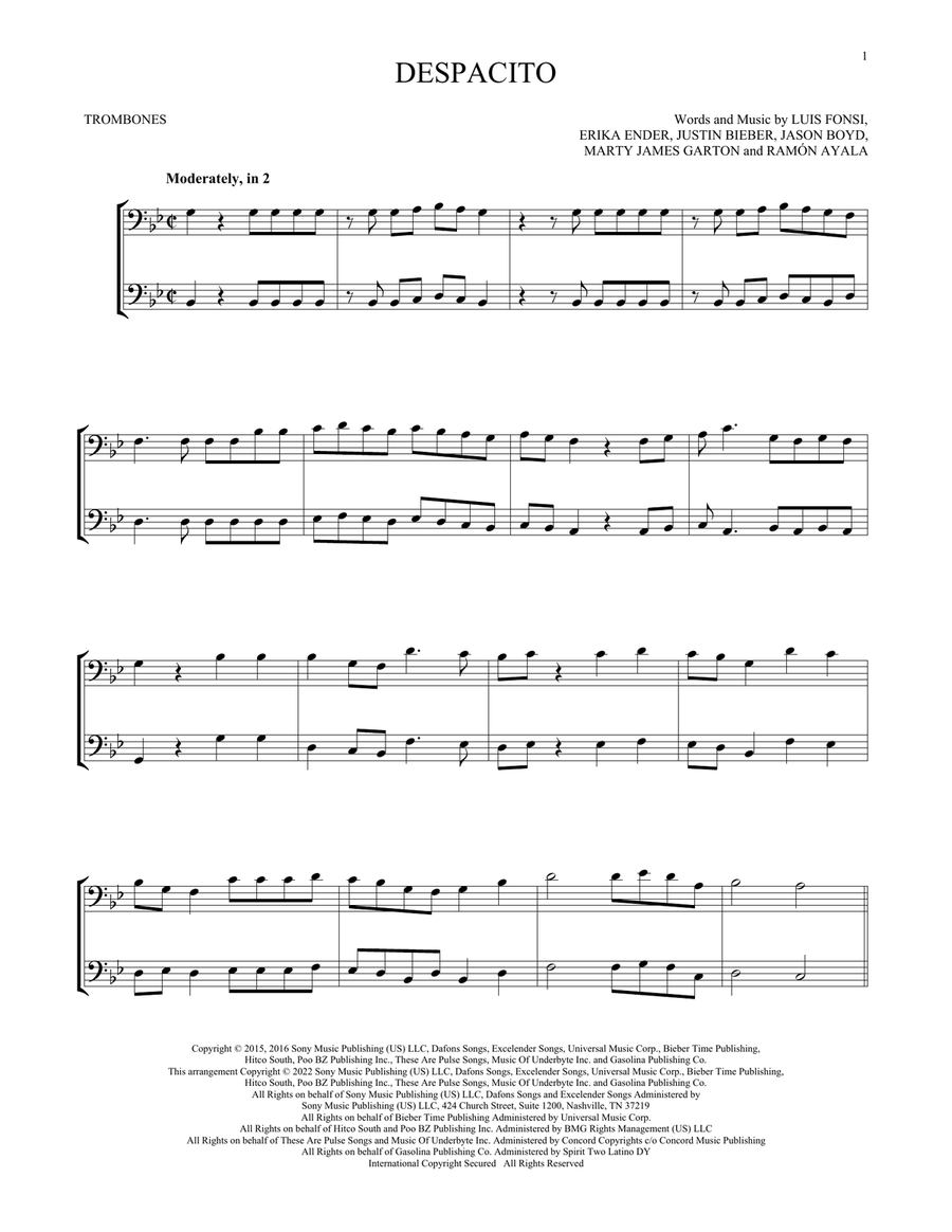 Despacito (feat. Justin Bieber) Trombone Duet scores gallery preview page 1