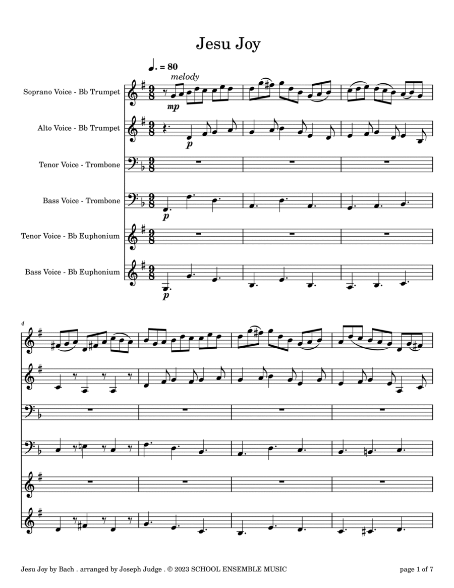 Jesu Joy by Bach for Brass Quartet in Schools Brass Quartet scores gallery preview page 1