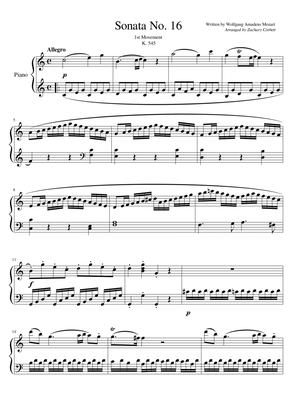 Book cover for Sonata No. 16, 1st Movement K. 545