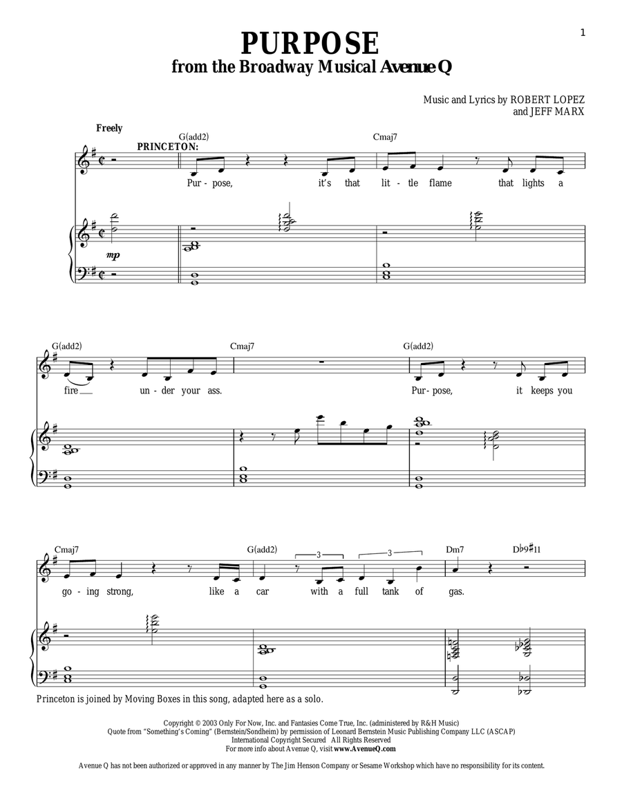 Purpose (from Avenue Q) Piano, Vocal scores gallery preview page 1