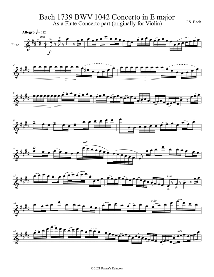Bach 1739 BWV 1042 Concerto For Solo Unaccompanied Flute Key of E