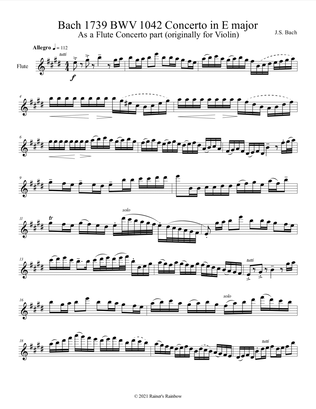 Book cover for Bach 1739 BWV 1042 Concerto For Solo Unaccompanied Flute Key of E