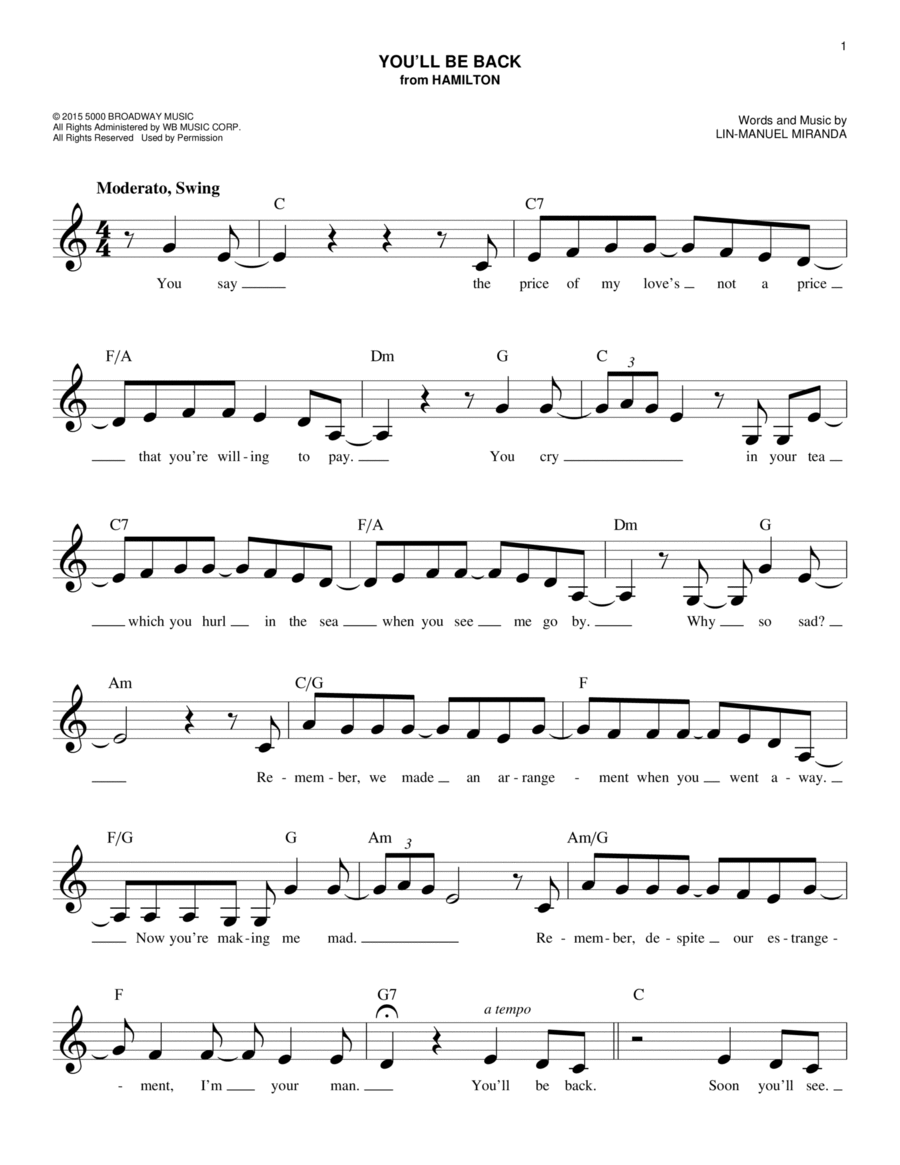 You'll Be Back (from Hamilton) Piano scores gallery preview page 1