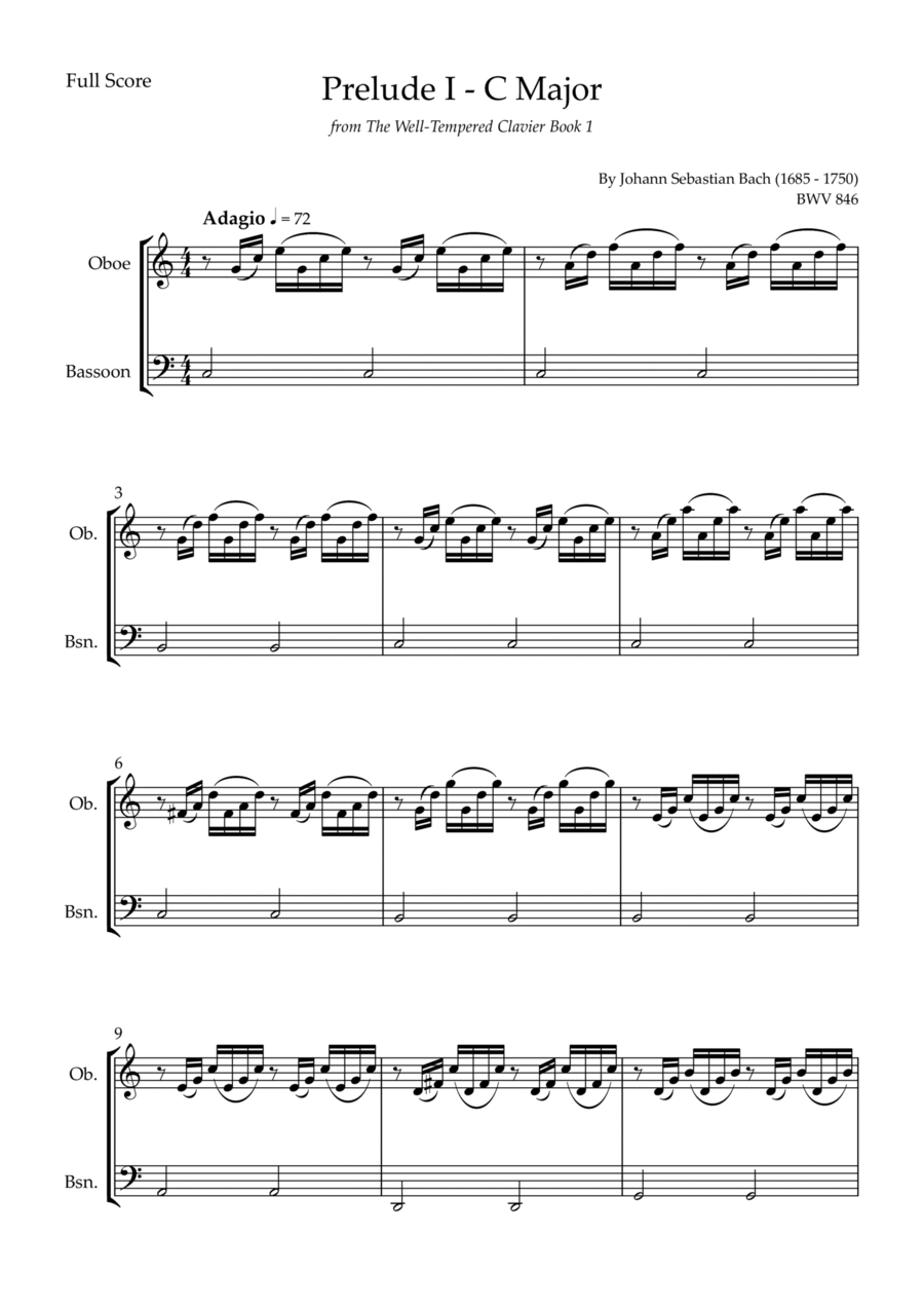 Prelude 1 in C Major BWV 846 (from Well-Tempered Clavier Book 1) for Oboe & Bassoon Duo Woodwind Duet scores gallery preview page 1