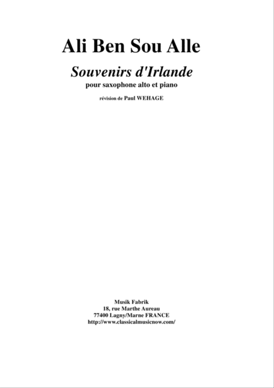 Book cover for Ali Ben Sou Alle: Souvenirs d'Irelande for soprano saxophone and piano