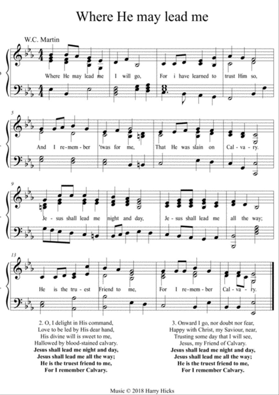 Where He may lead me. A new tune to a wonderful old hymn. Unison Choir scores gallery preview page 1