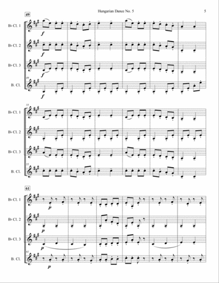 Hungarian Dance No. 5 for Clarinet Quartet Hungarian Dance No. 5 for Clarinet Quartet Clarinet Quartet scores gallery preview page 5