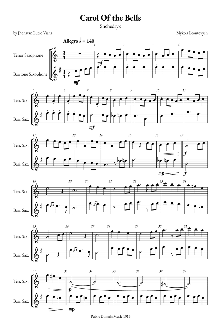 Carol of the Bells Tenor Saxophone scores gallery preview page 1
