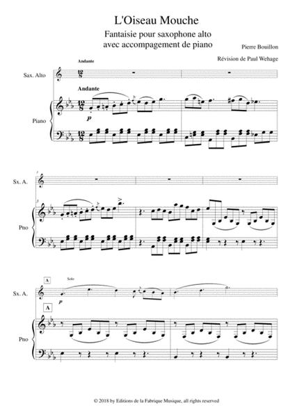 Pierre Bouillon: L'Oiseau-Mouche (The Humming Bird) for alto saxophone and piano