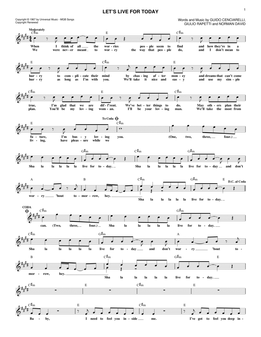 Let's Live For Today Piano scores gallery preview page 1
