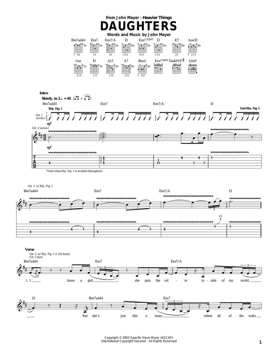 Daughters Guitar Tablature scores gallery preview page 1
