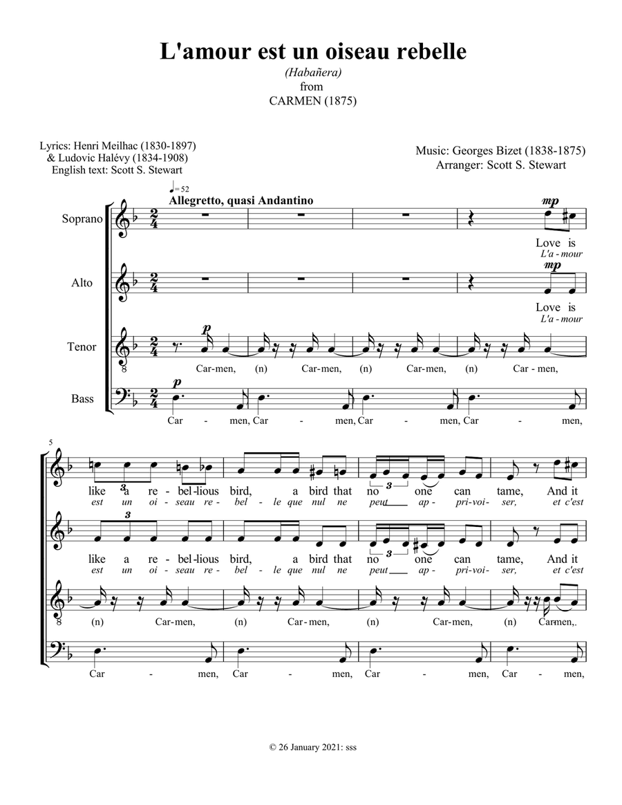 L'amour est un oiseau rebelle (Habañera from CARMEN) 4-Part scores gallery preview page 1
