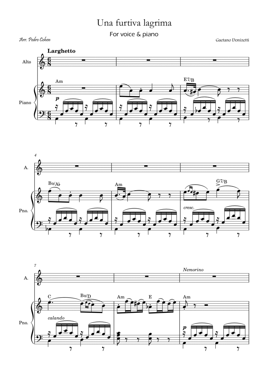 Una Furtiva Lagrima (For contralto in Am) Piano, Vocal, Guitar scores gallery preview page 1