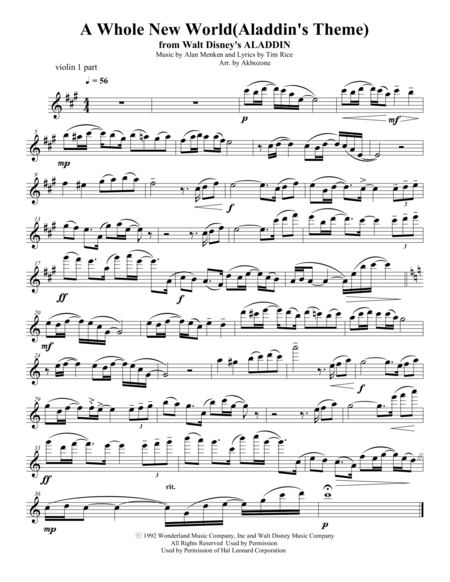 A Whole New World for string quartet violin 1 part