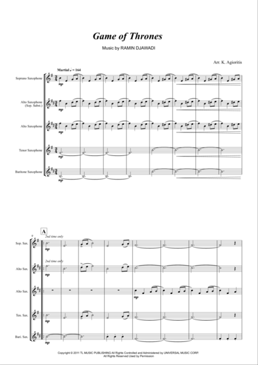 Game Of Thrones Saxophone Quartet scores gallery preview page 2