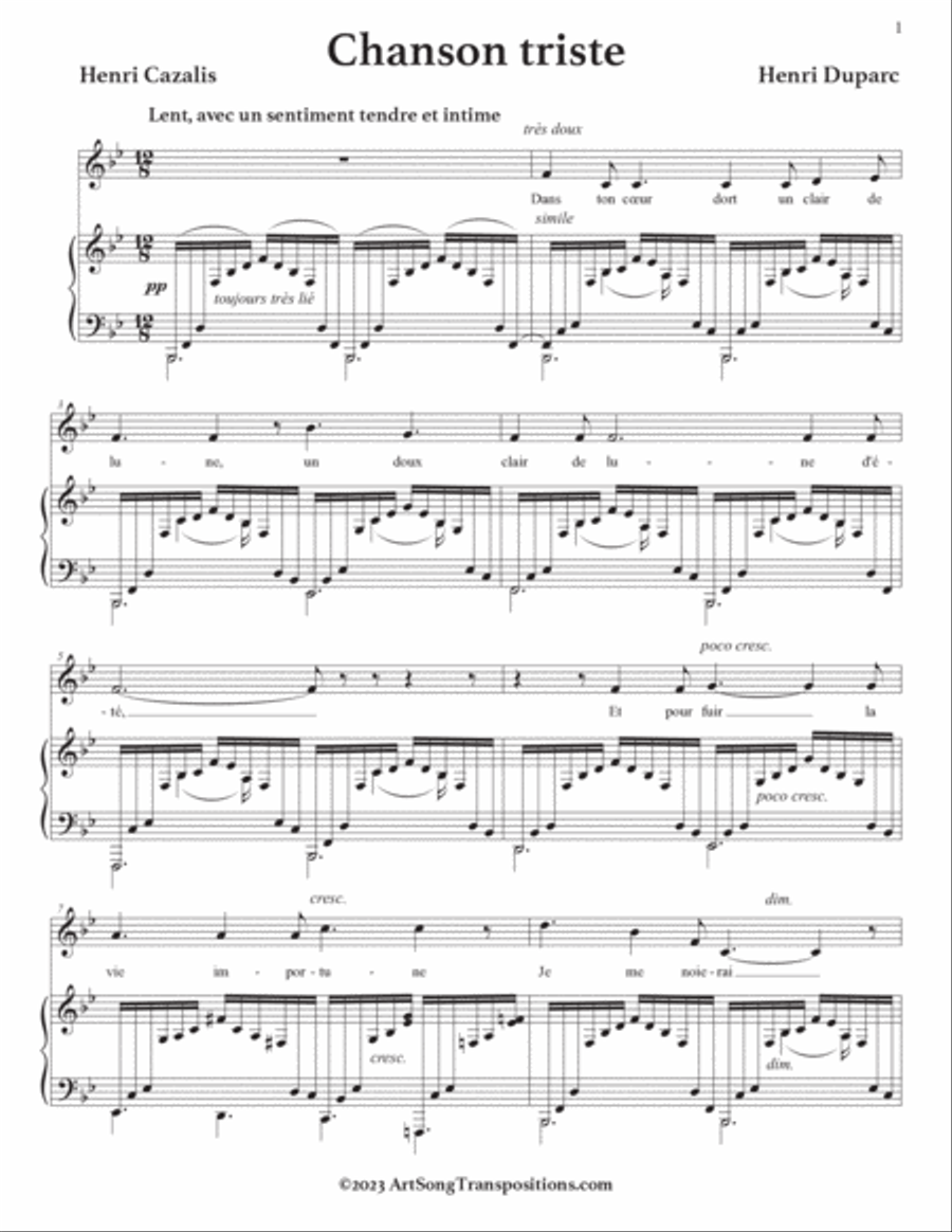 DUPARC: Chanson triste (transposed to B-flat major) Voice scores gallery preview page 2