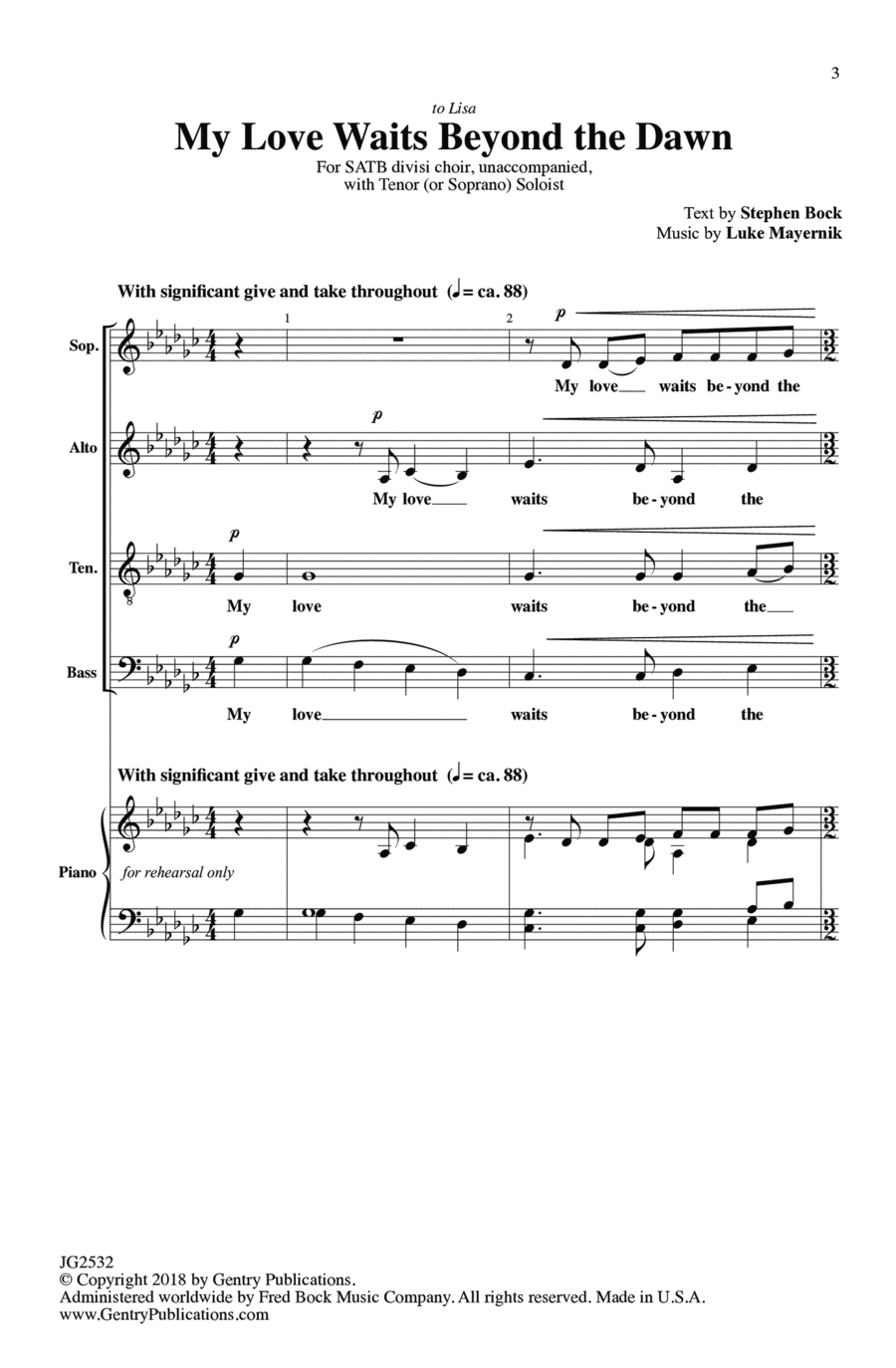 My Love Waits Beyond The Dawn 4-Part scores gallery preview page 1