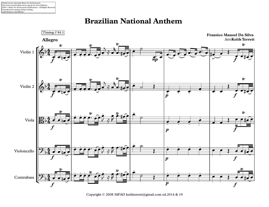 Brazilian National Anthem for String Orchestra (MFAO World National Anthem Series) String Quartet scores gallery preview page 2