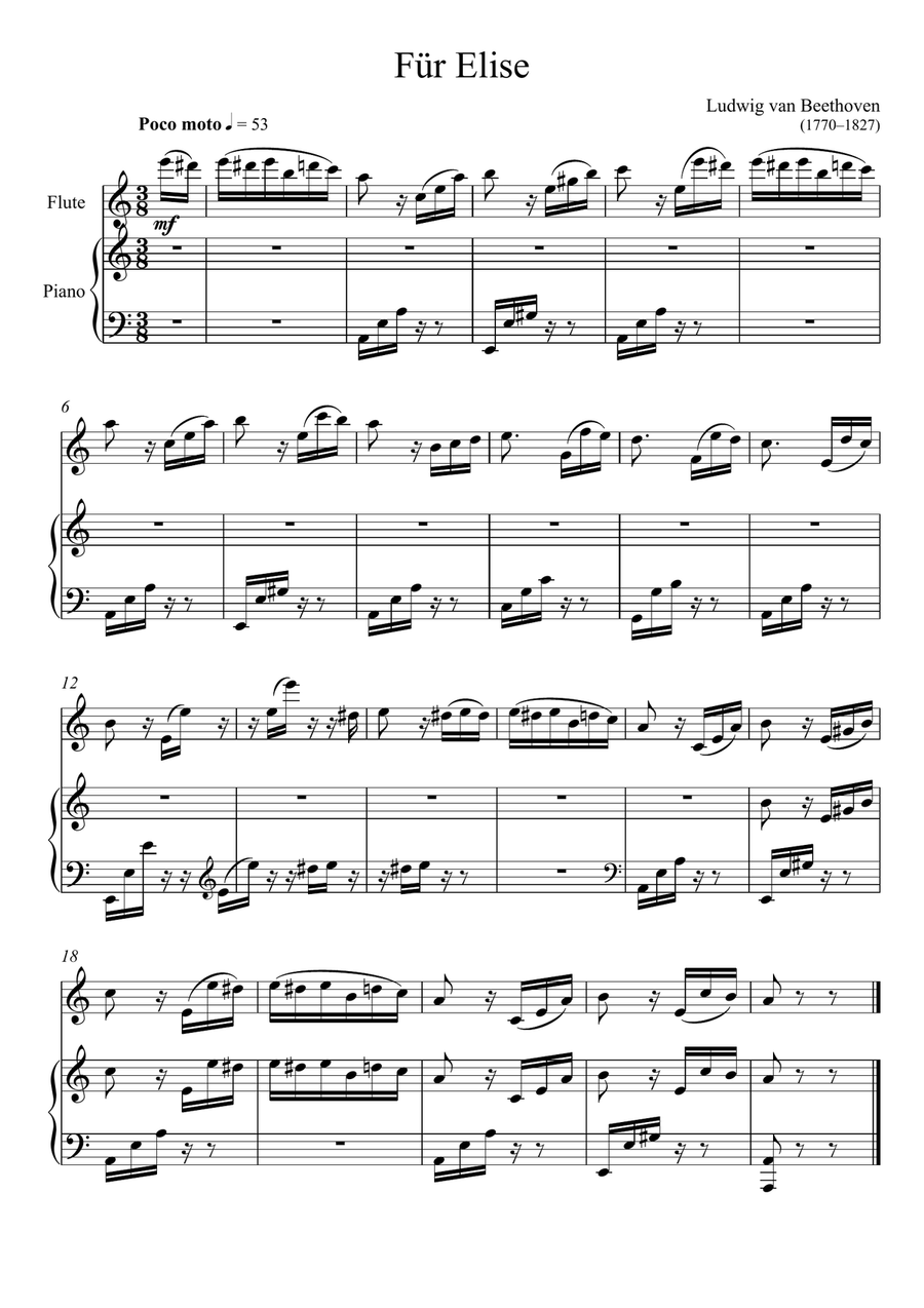 Beethoven - Für Elise (Flute Solo) Easy Version Flute Solo scores gallery preview page 1