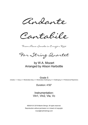 Book cover for Andante Cantabile for string quartet - 2nd movement from Piano Sonata in C major K330