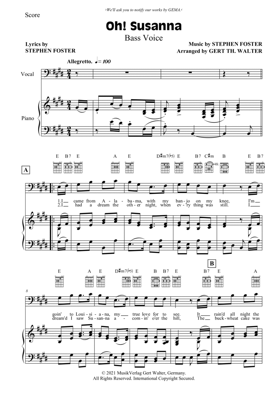 Oh! Susanna Bass Voice scores gallery preview page 1