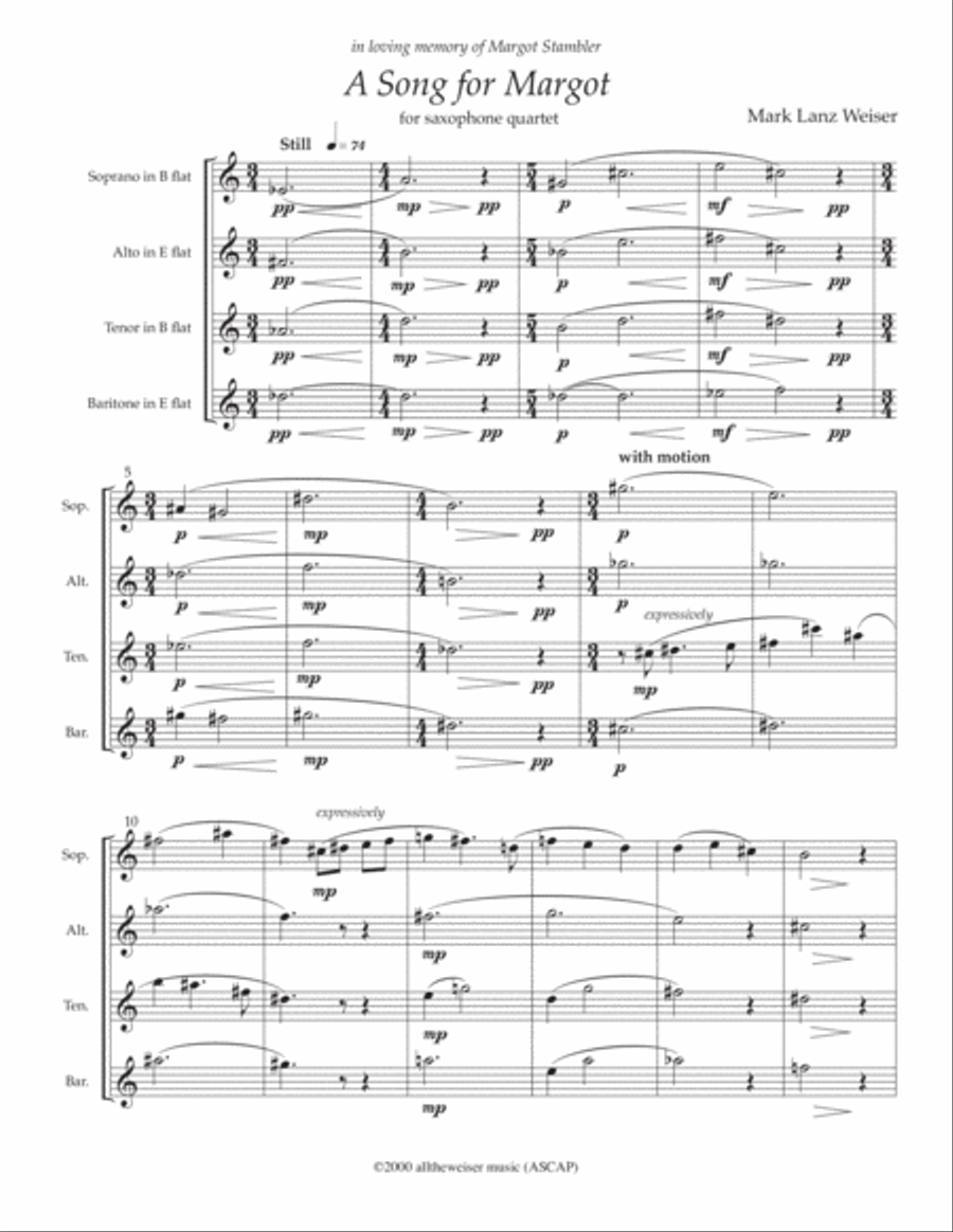Song for Margot (Saxophone Quartet) Saxophone Quartet scores gallery preview page 1