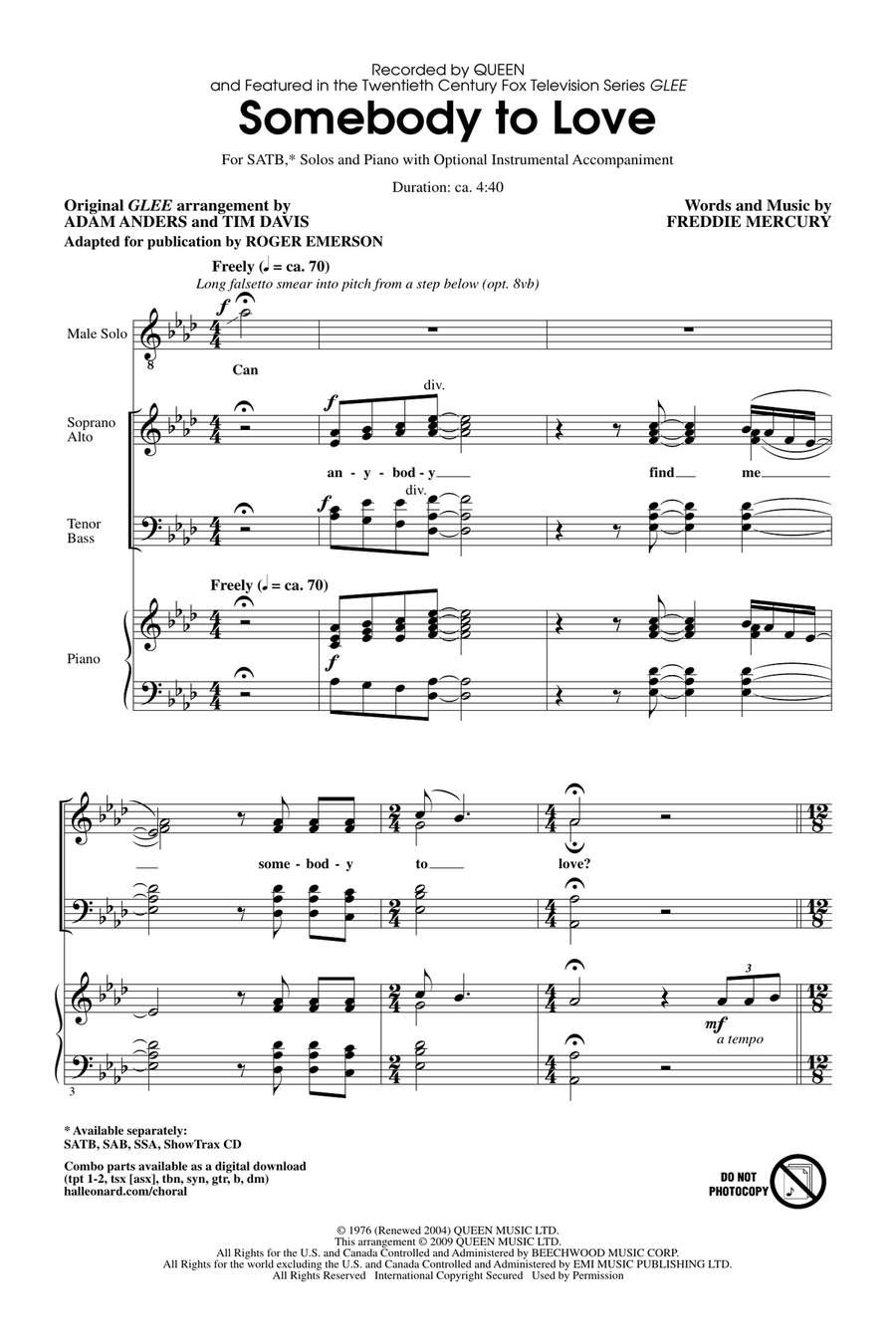 Somebody To Love (arr. Roger Emerson) 4-Part scores gallery preview page 1