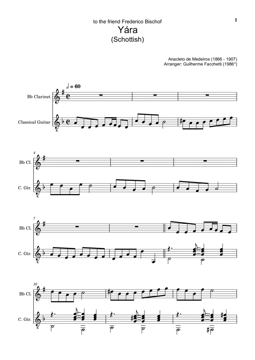 Anacleto de Medeiros - Yára. Arrangement for Bb Clarinet and Classical Guitar. Score and Parts image number null