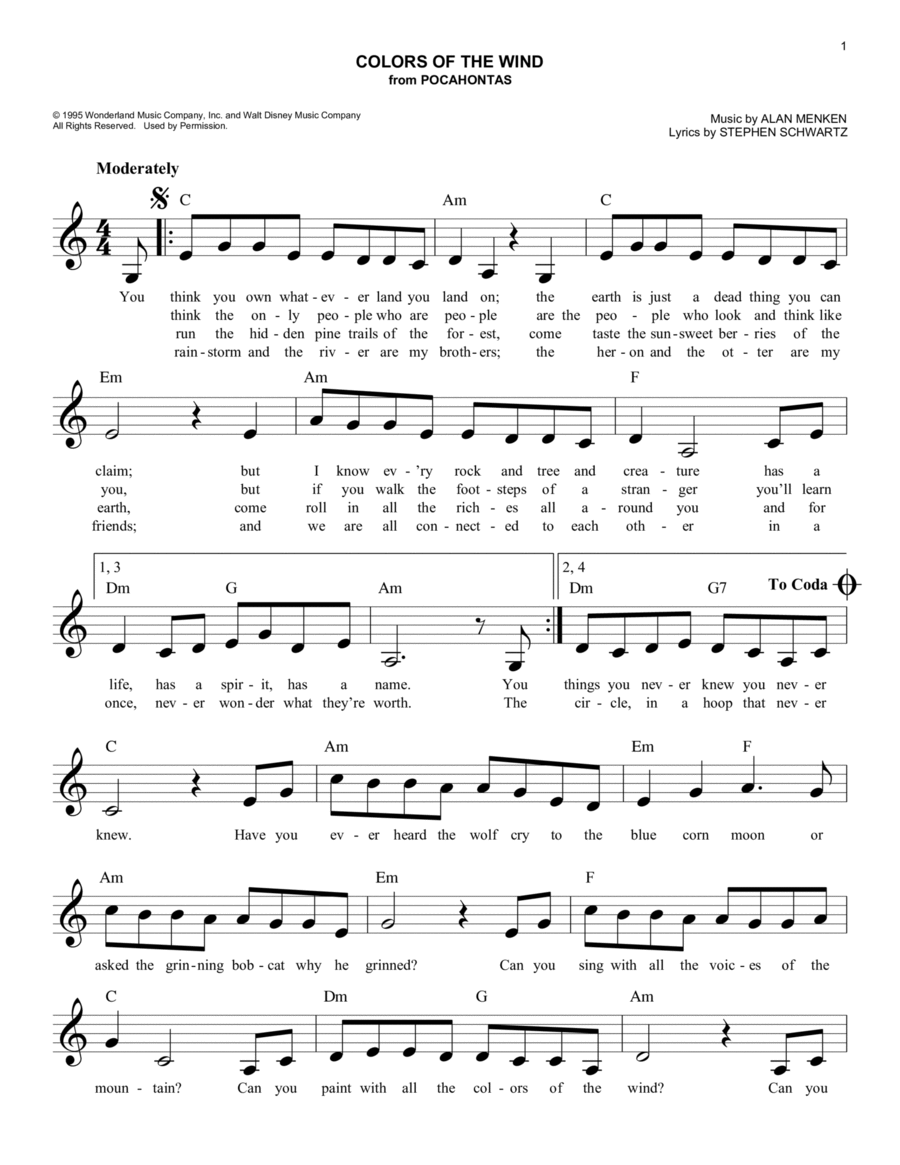 Colors Of The Wind (from Pocahontas) Piano scores gallery preview page 1