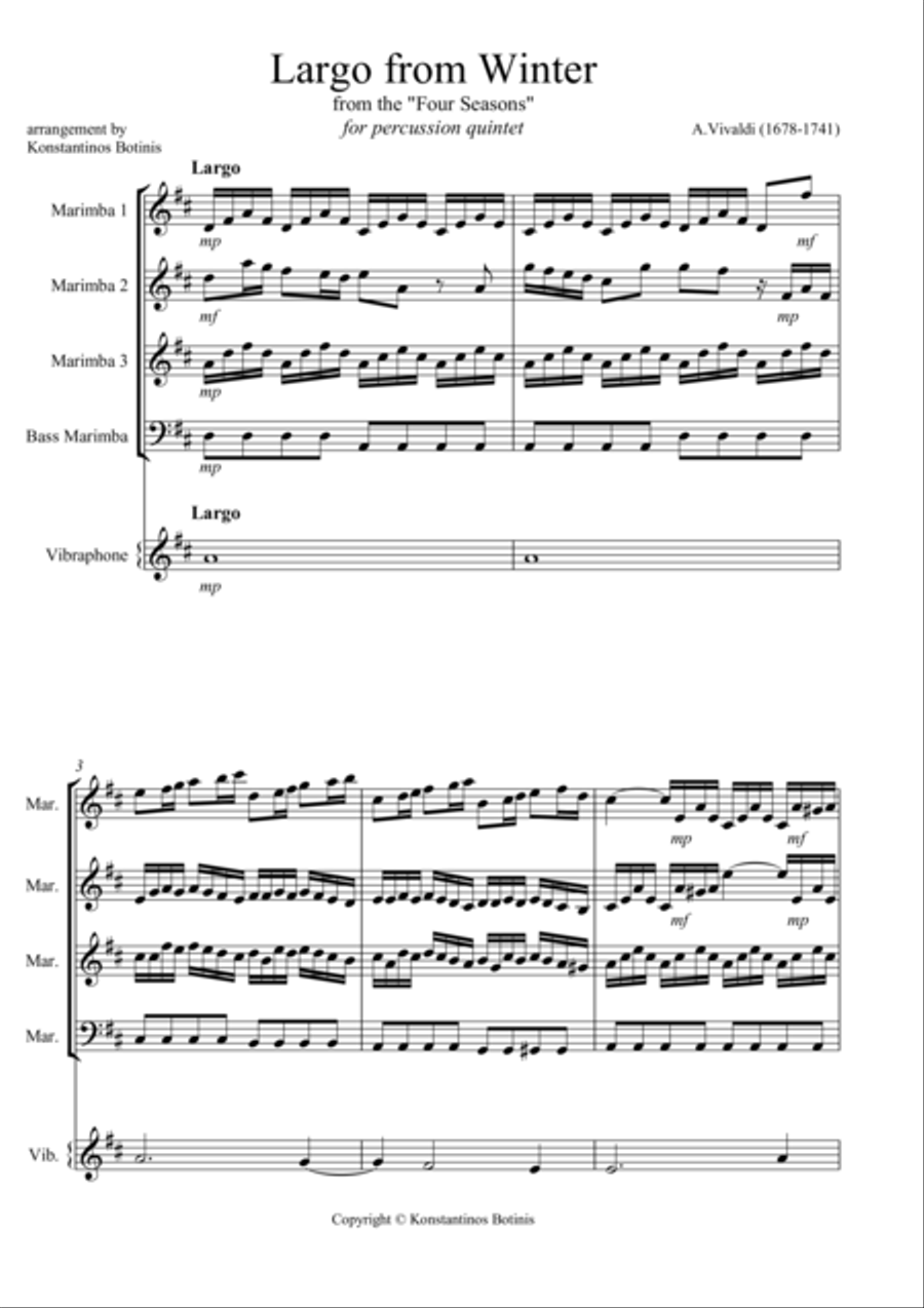 A.Vivaldi Largo from Winter for percussion quintet Percussion scores gallery preview page 1