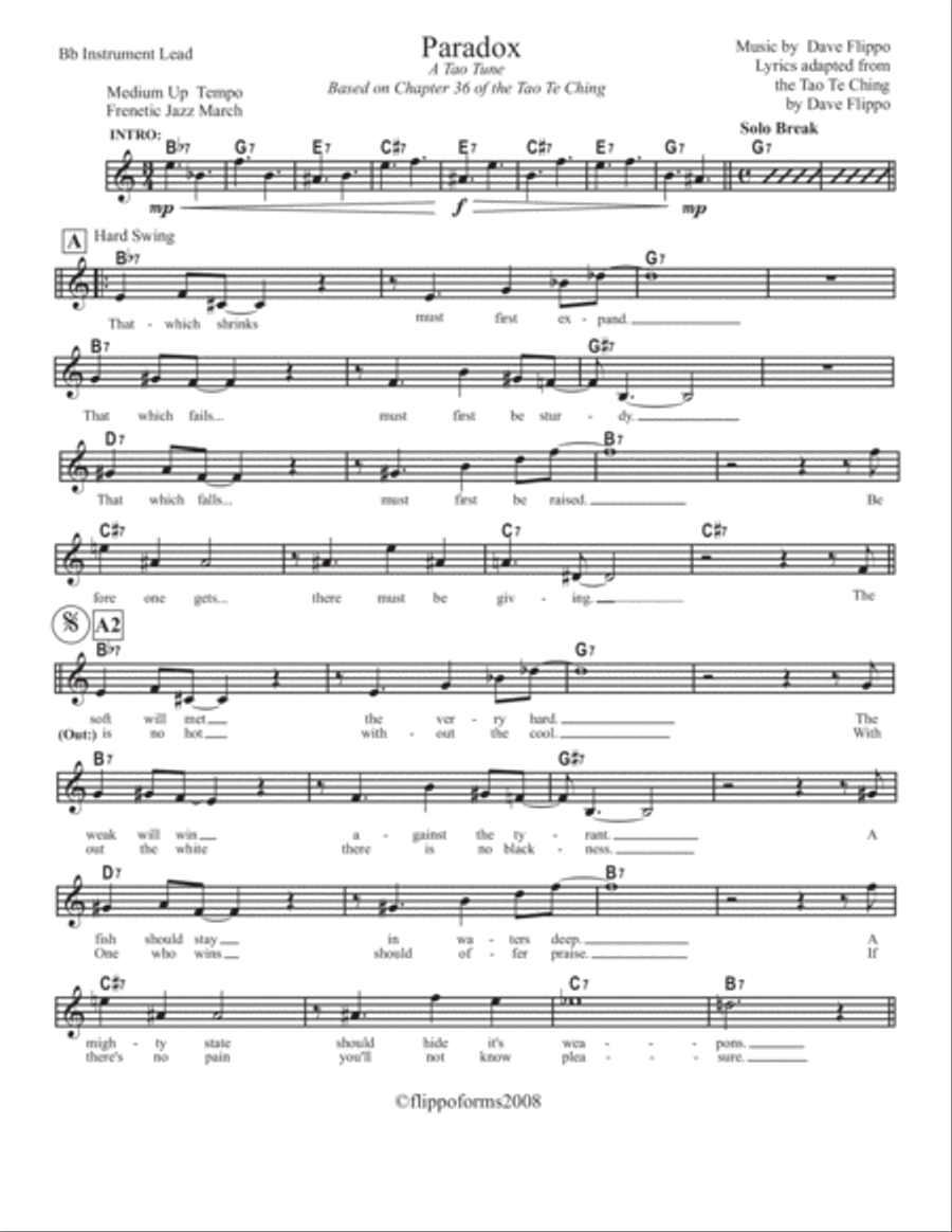 PARADOX - A "Tao Tune" -Lead Sheets in C, Bb and Eb image number null