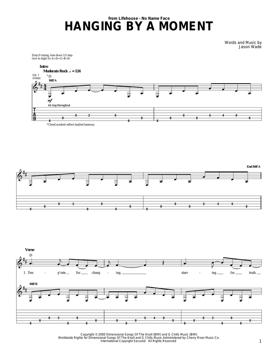 Hanging By A Moment Guitar Tablature scores gallery preview page 1