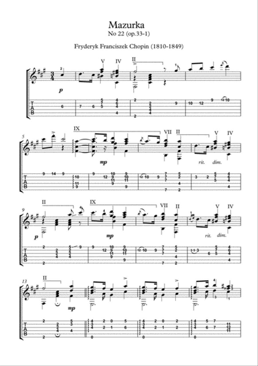 Chopin Mazurka No 22 classical guitar solo image number null