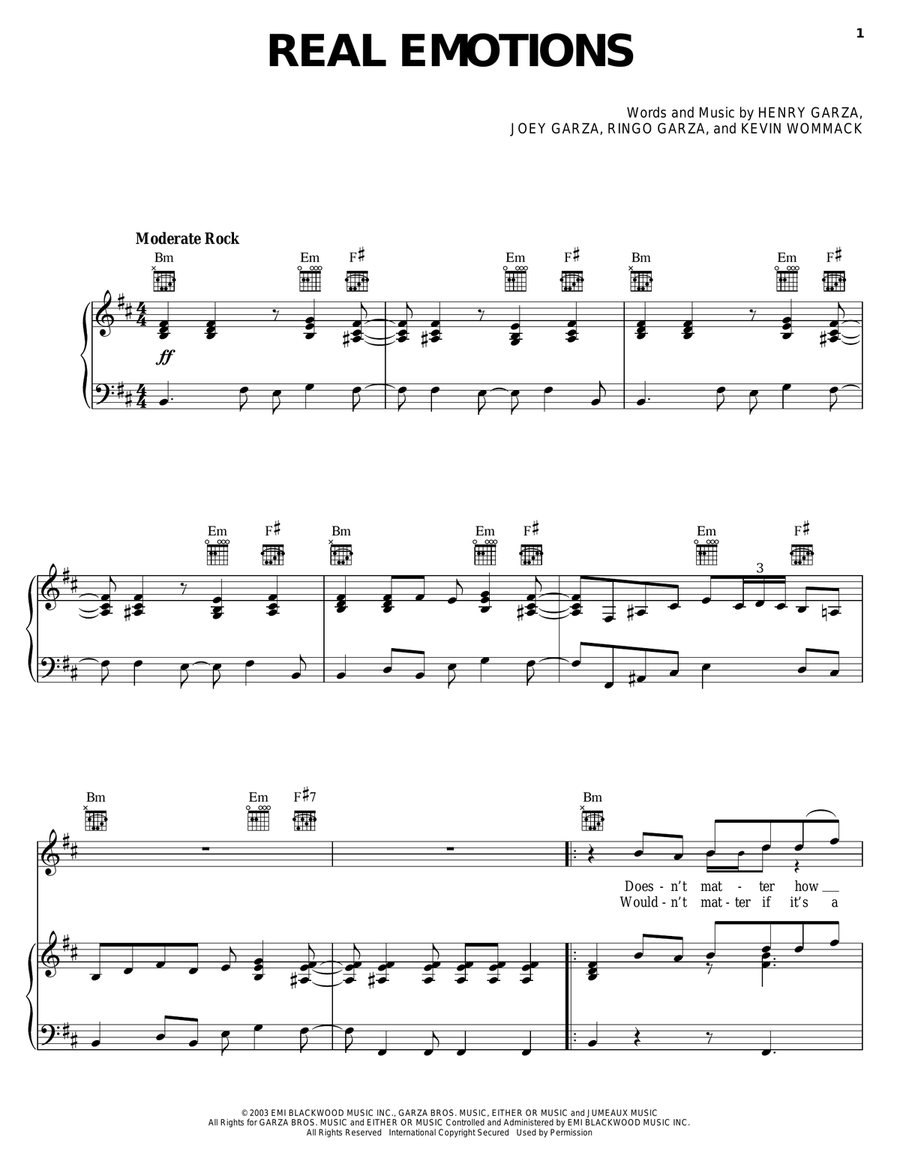 Real Emotions Piano, Vocal, Guitar scores gallery preview page 1