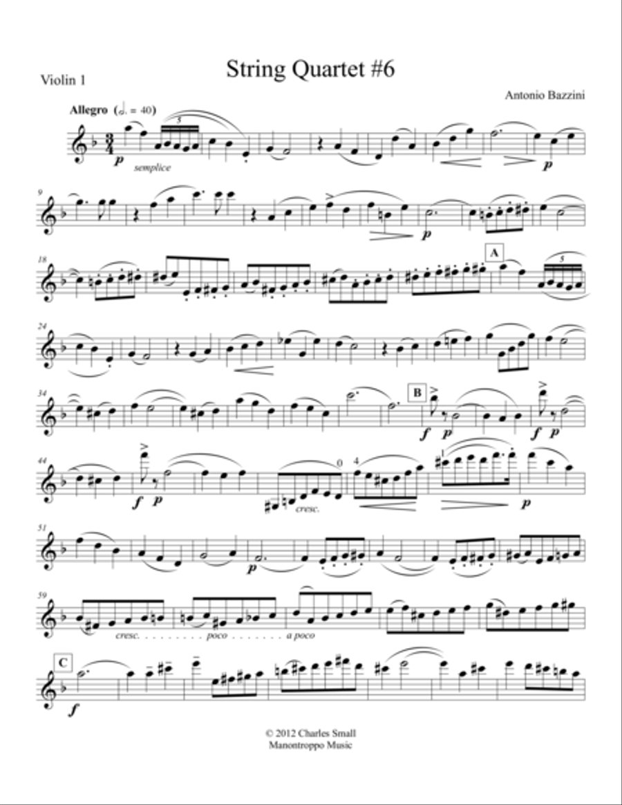 BAZZINI, Antonio -- String Quartet #6, F Major String Quartet scores gallery preview page 2