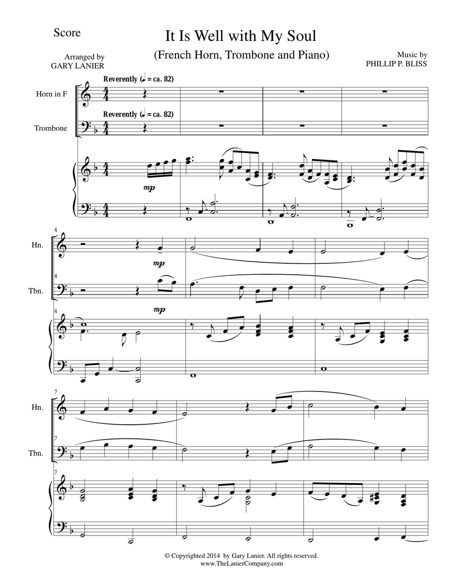 IT IS WELL WITH MY SOUL (Trio - Horn, Trombone, Piano with Score and Parts) Brass Trio scores gallery preview page 1