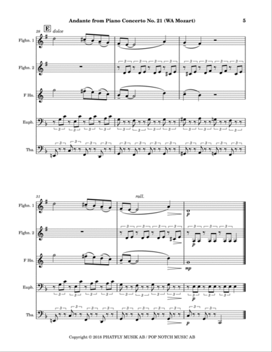 Mozart: Piano Concerto No. 21 - Andante Brass Quintet scores gallery preview page 5