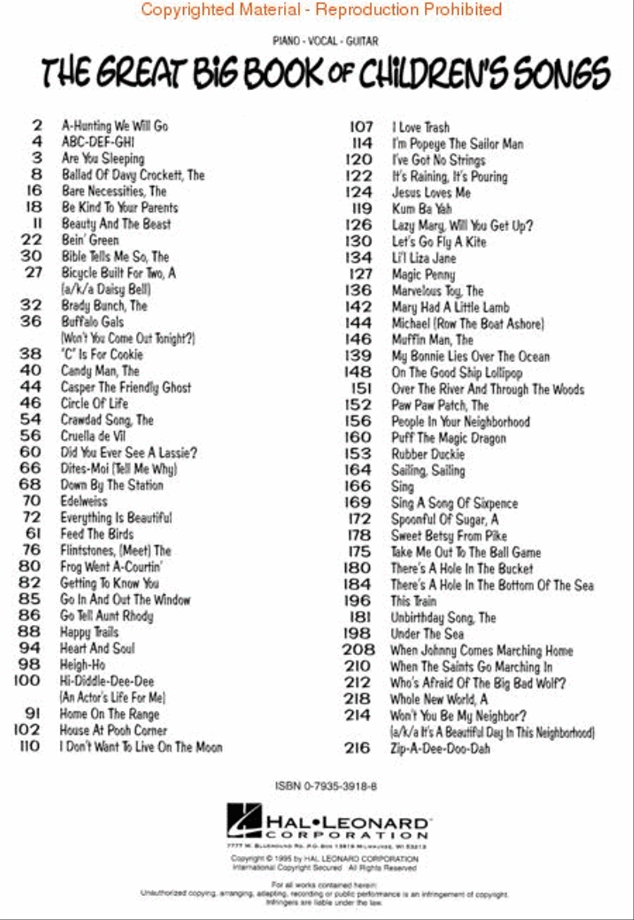 The Great Big Book of Children's Songs Piano, Vocal, Guitar scores gallery preview page 2