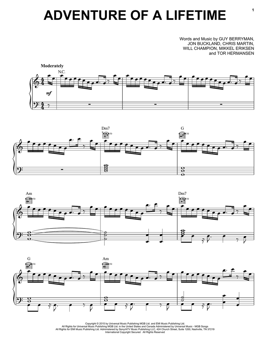 Adventure Of A Lifetime Adventure Of A Lifetime Piano, Vocal, Guitar scores gallery preview page 1
